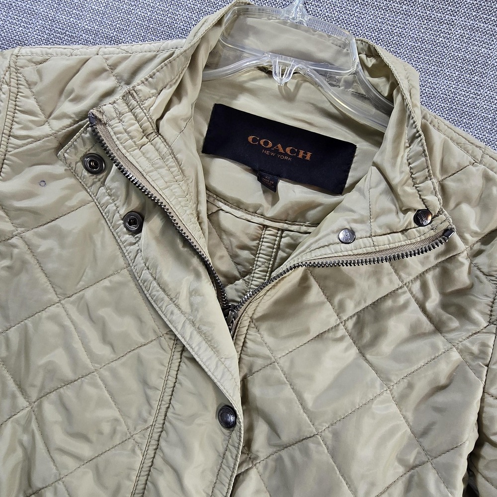 Coach Quilted Jacket Womens XS Tan Diamond Nylon Utility Puffer Snap Pockets